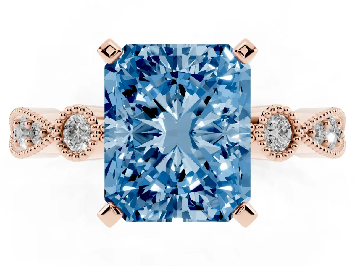 Fancy Blue Radiant Cut Milgrain Bezel Diamond Engagement Ring with Solitaire Prong Setting Rose gold