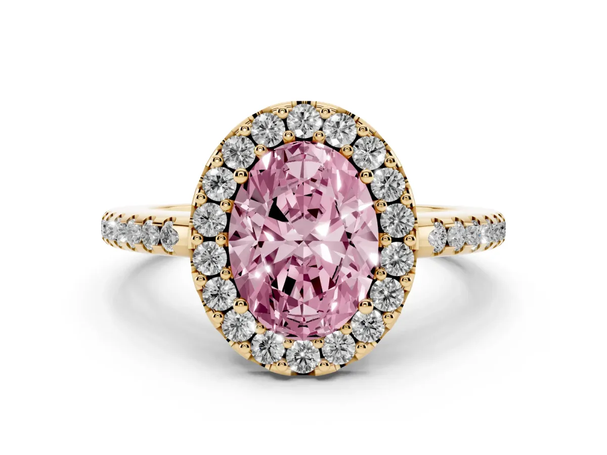 Fancy Pink Oval Cut Diamond Pavé Halo Ring with Four-Prong Setting Yellow gold