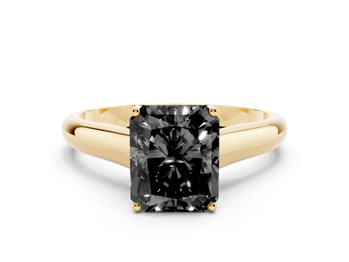 Fancy Black Radiant Cut Solitaire Engagement Ring with Tapered Band and Four-Prong Setting Yellow gold