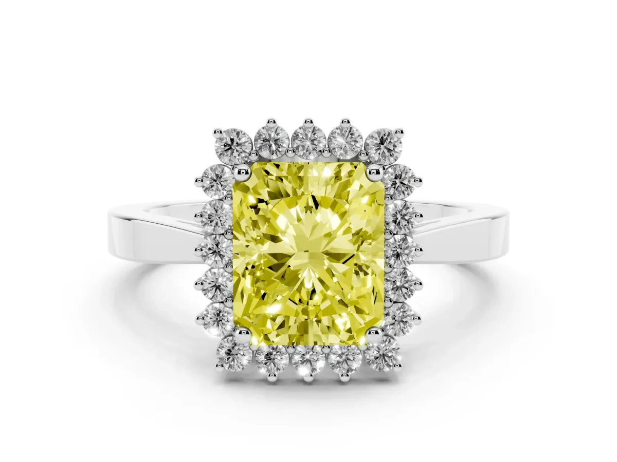 Fancy Yellow Radiant Cut Cut Diamond Halo Ring with Round Brilliant Halo and Solitaire Band Silver