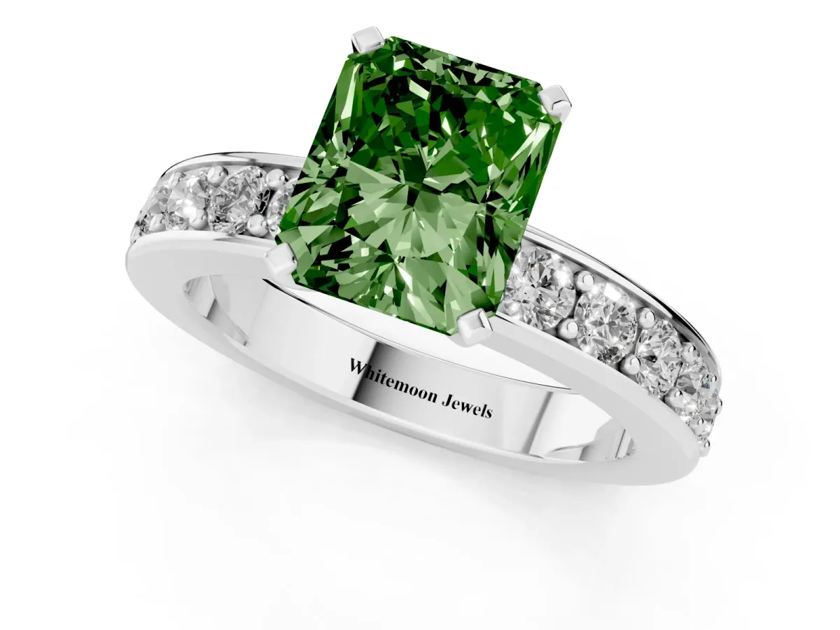 Fancy Green Radiant Cut Diamond Engagement Ring with Channel Set Round Band and Prong Setting Silver