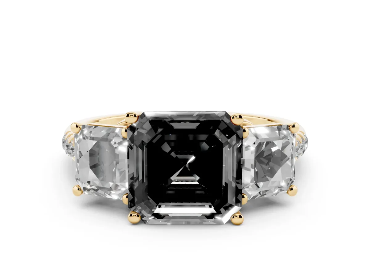 Fancy Black Three-Stone Asscher Cut Diamond Ring with Round Pavé Band and Prong Setting Yellow gold