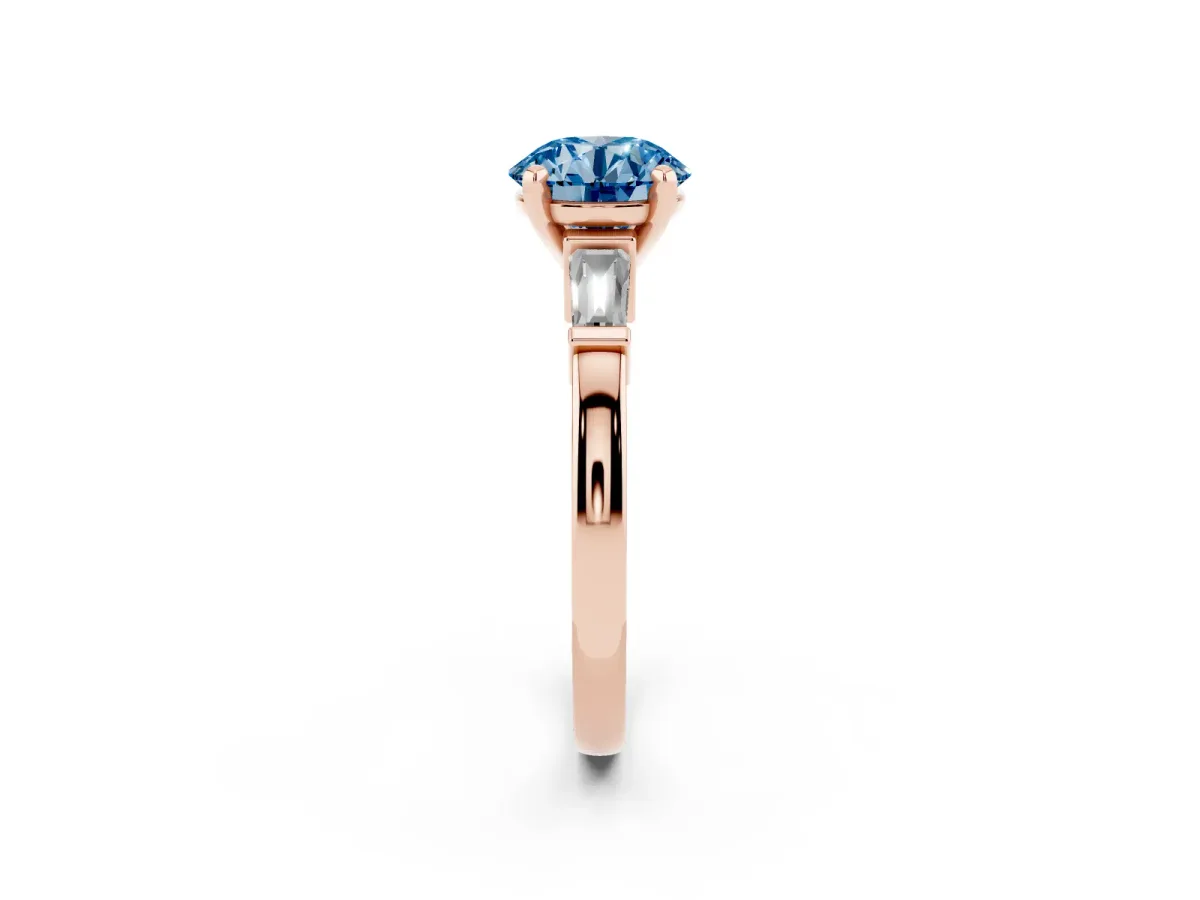 Fancy Blue Round Cut Cut Diamond Solitaire Ring with Tapered Baguette Accents and Four-Prong Setting Rose gold