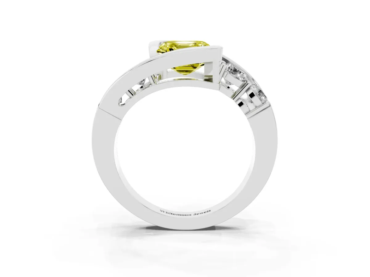 Fancy Yellow Bezel Set Asscher Cut Diamond Bypass Ring with Round Accents Platinum