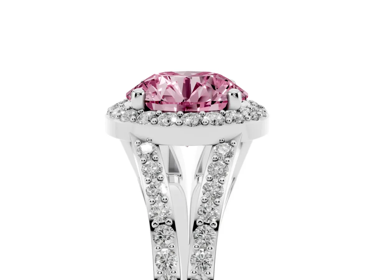 Fancy Pink Round Cut Halo Split Shank Diamond Ring with Prong Setting Silver