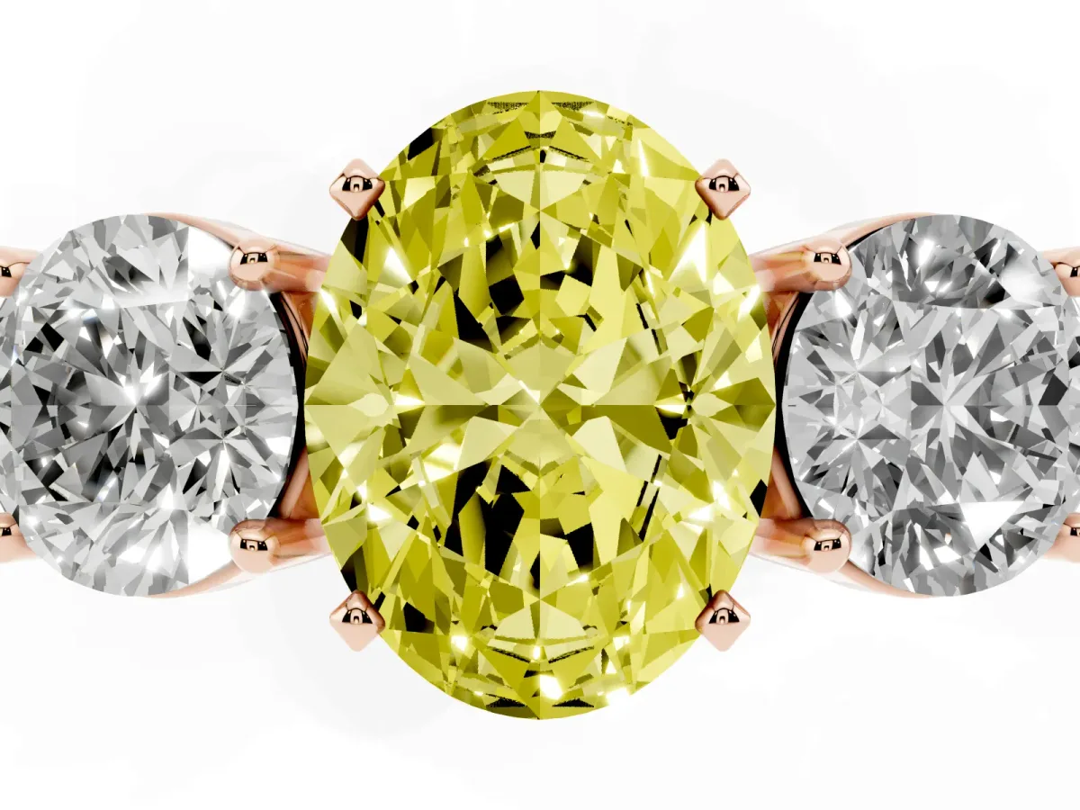 Fancy Yellow Three-Stone Oval Cut Diamond Ring with Round Side Stones, Classic Band, and Four-Prong Setting Rose gold