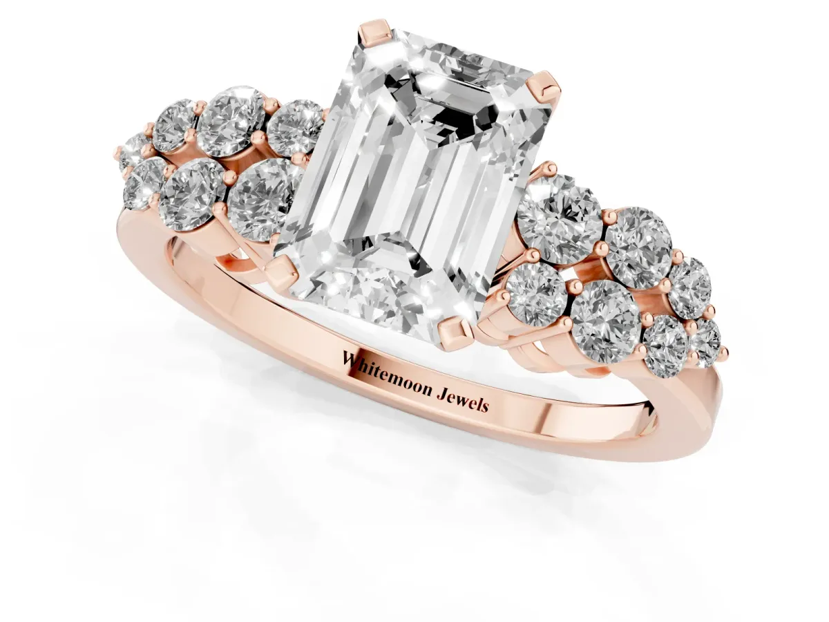 Emerald Cut Cluster Diamond Engagement Ring with Pavé Band and Four-Prong Setting Rose gold