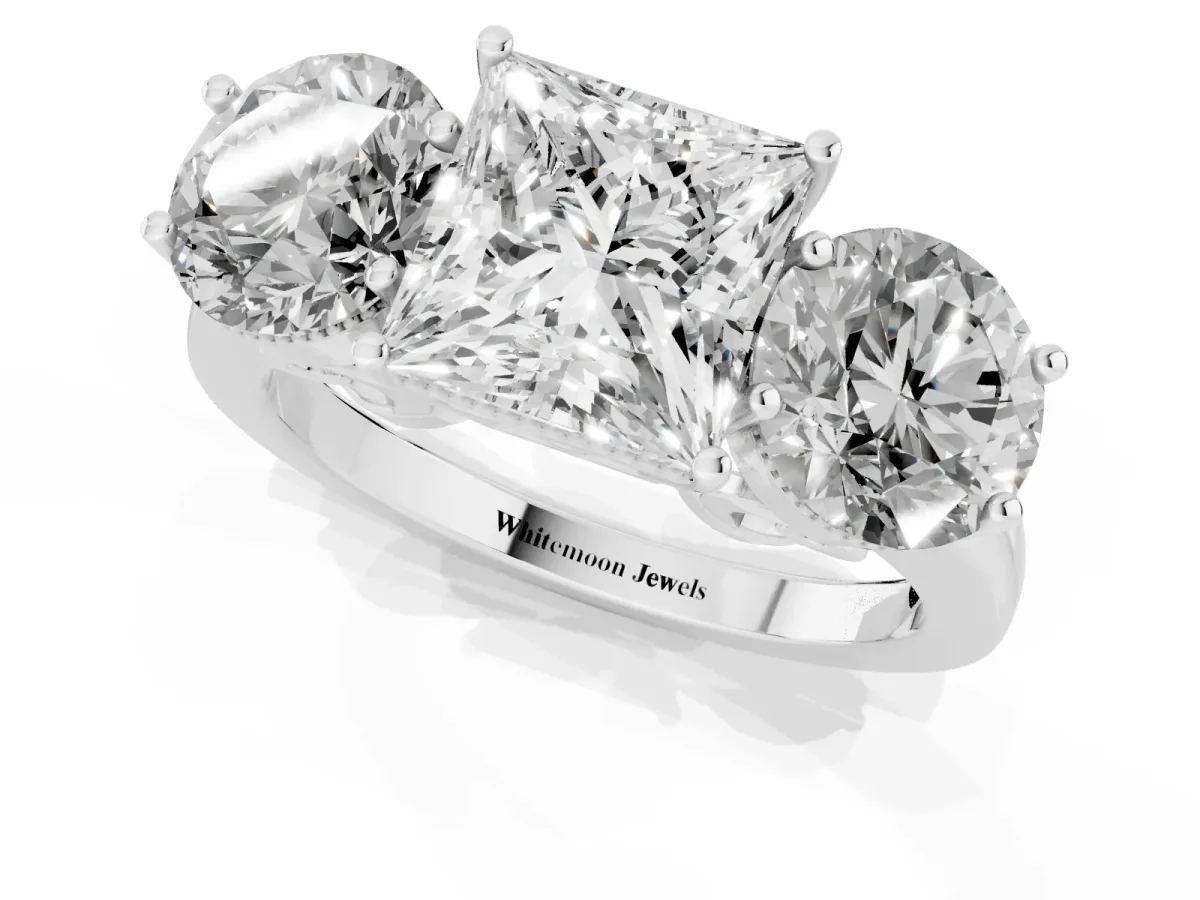 Three-Stone Princess Cut Diamond Engagement Ring with Prong Setting on a Classic Band Silver