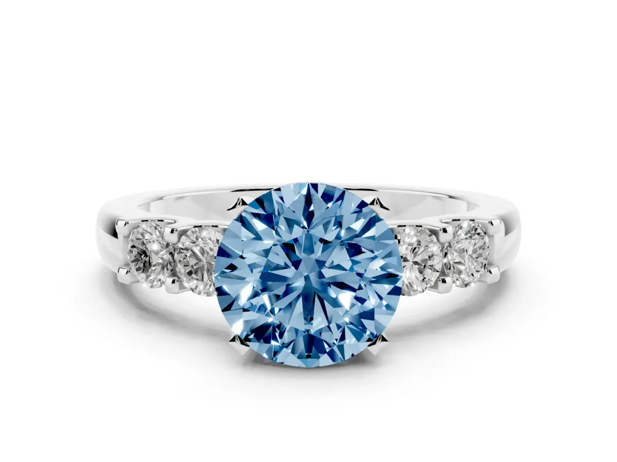 Fancy Blue Round Cut Brilliant Cut Diamond Five-Stone Prong Set Engagement Ring with Channel Band Silver