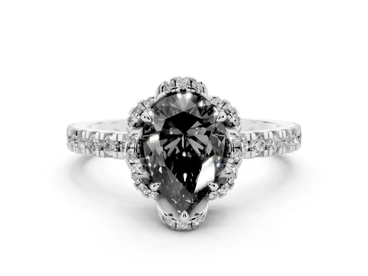 Fancy Black Pear Cut Diamond Halo Pave Band with Four-Prong Setting Silver