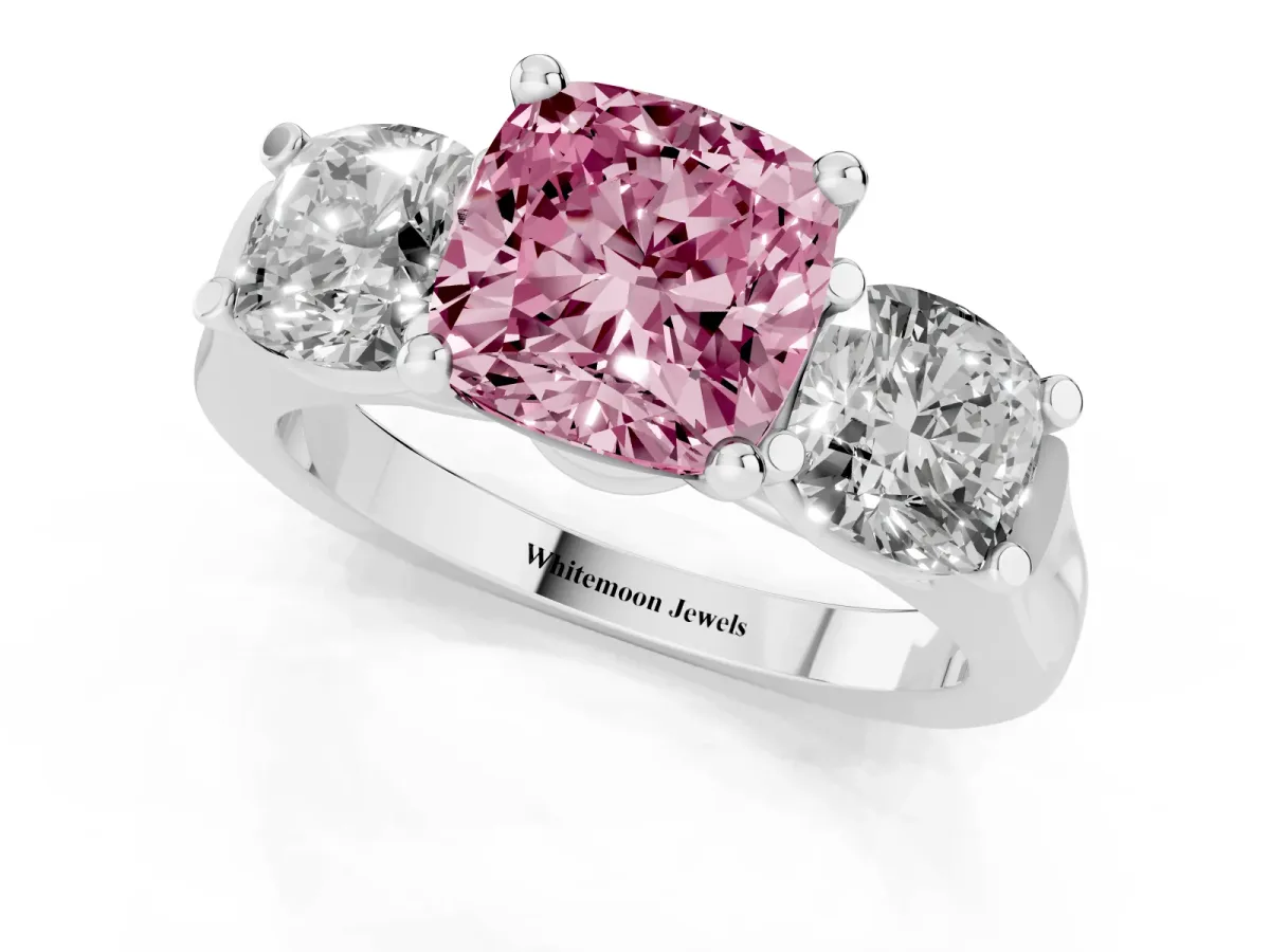 Fancy Pink Three-Stone Cushion Cut Brilliant Diamond Trellis Ring with Comfort Fit Band Platinum