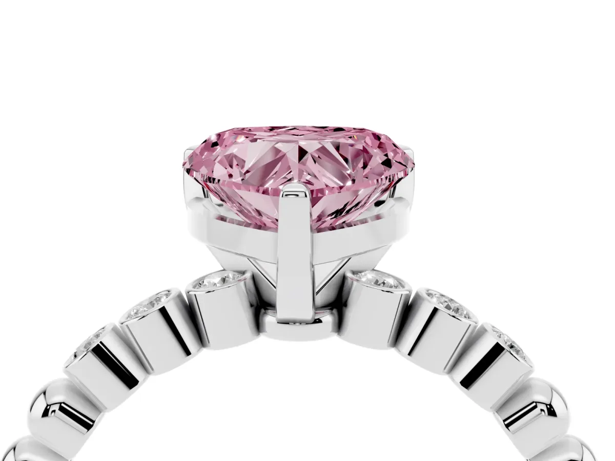 Fancy Pink Heart Cut Solitaire Bezel Accent Diamond Engagement Ring with Beaded Band and Four-Prong Setting Silver