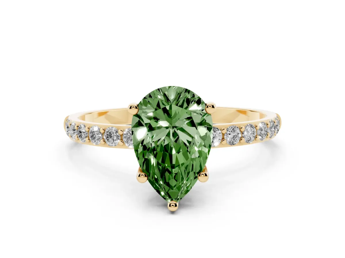 Fancy Green Pear Cut Diamond Solitaire Ring with Round Pavé Shoulders and Prong Setting Yellow gold