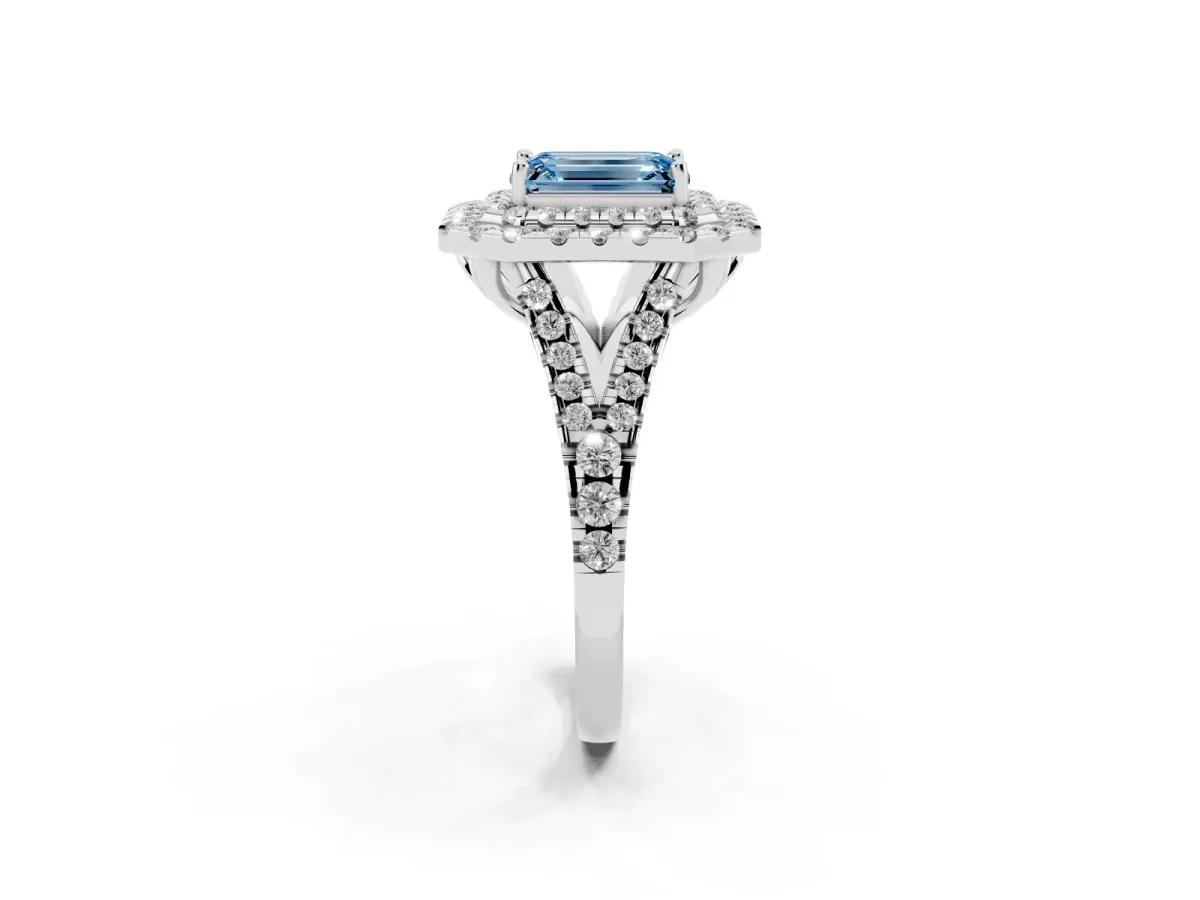Fancy Blue Double Halo Emerald Cut Diamond Pavé Split Shank Ring with Prong Setting Platinum