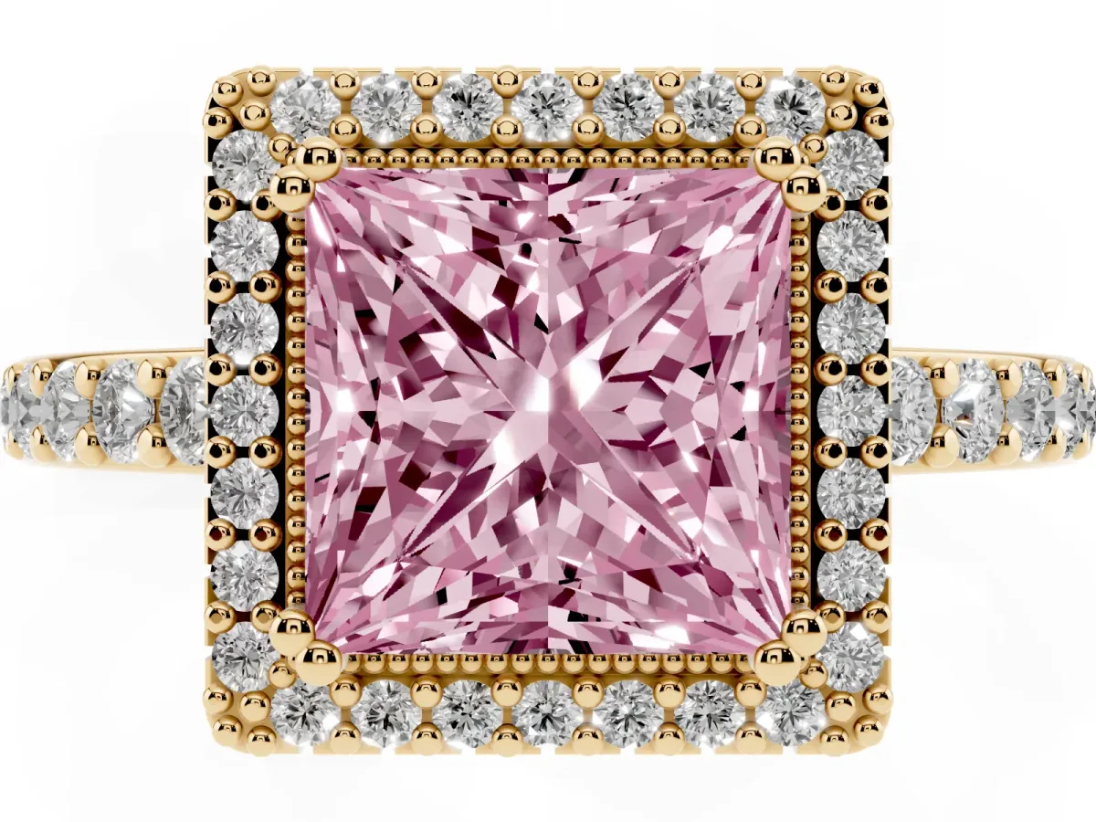 Fancy Pink Princess Cut Cut Diamond Halo Engagement Ring with Milgrain Detail and Pavé Band Yellow gold