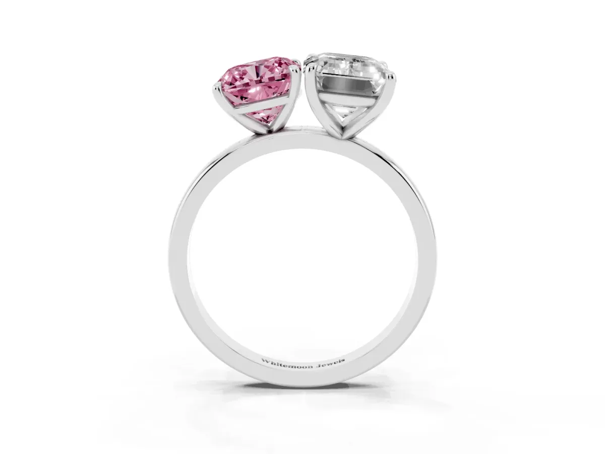 Fancy Pink Cushion Cut and Emerald Cut Toi Moi Ring with Prong Setting Silver