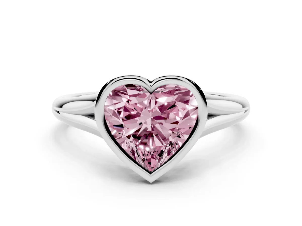 Fancy Pink Bezel Set Heart Cut Cut Solitaire Ring with Tapered Band Silver