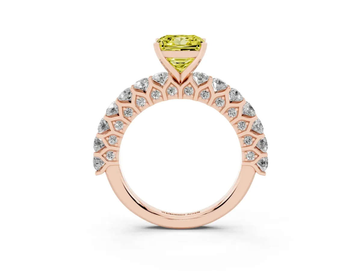 Fancy Yellow Princess Cut Diamond Solitaire Ring with Shared Prong Pavé Band and Four-Prong Setting Rose gold