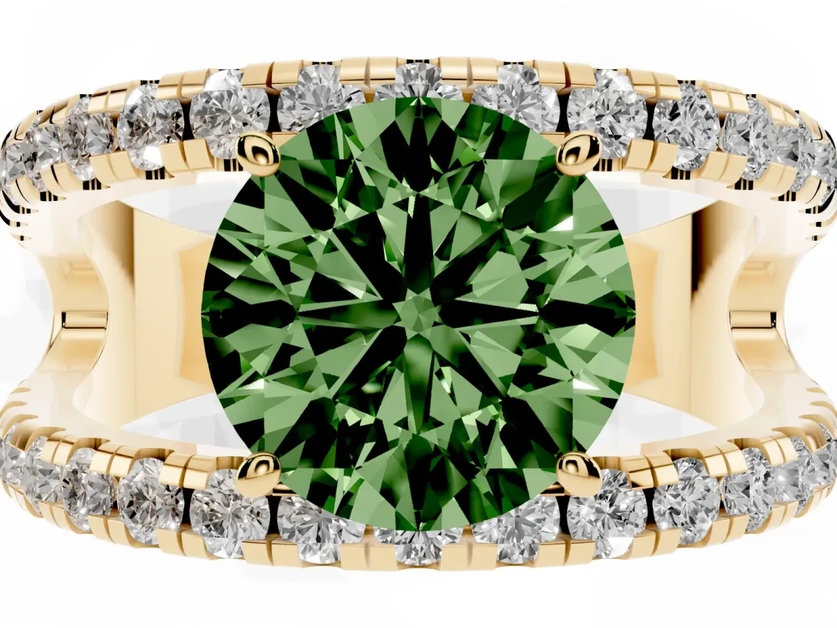 Fancy Green Round Cut Solitaire Split Shank Pave Diamond Ring Yellow gold