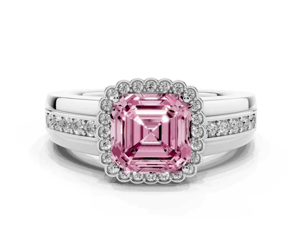Fancy Pink Asscher Cut Cut Halo Pave Band Four-Prong Ring White gold