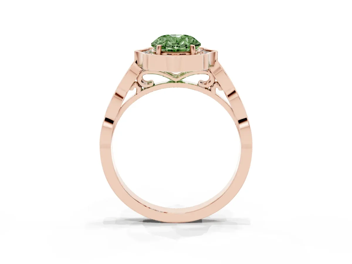 Fancy Green Oval Cut Halo Diamond Engagement Ring with Milgrain Band and Four-Prong Setting Rose gold