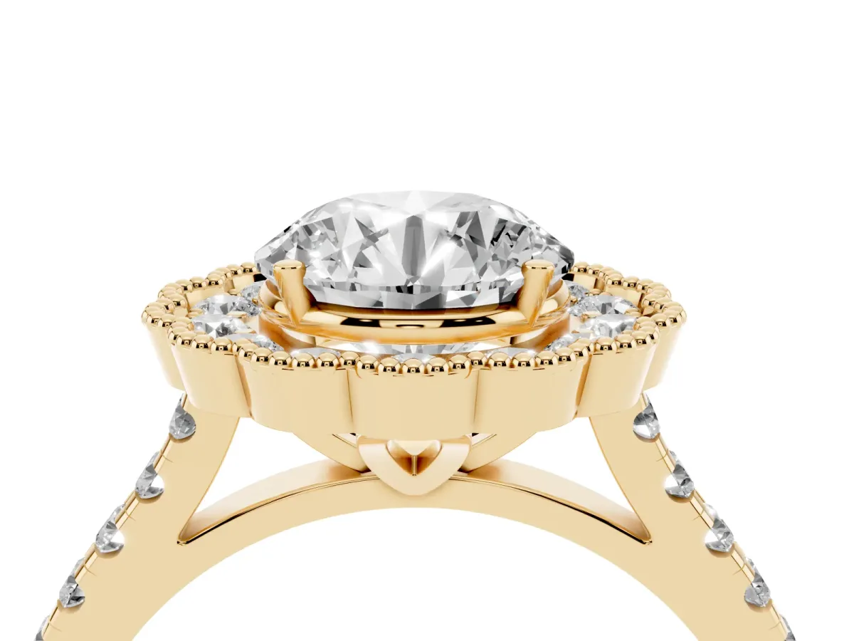 Round Cut Cut Diamond Milgrain Floral Halo Engagement Ring with Pavé Band Yellow gold