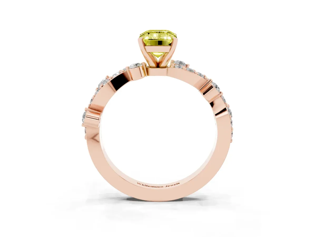 Fancy Yellow Emerald Cut Cut Solitaire Diamond Twisted Band with Pave Setting Rose gold