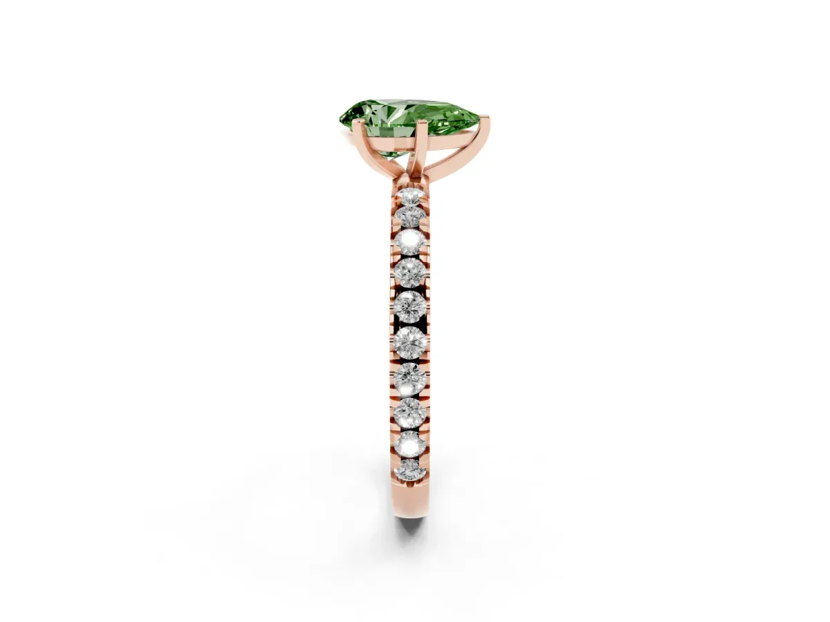Fancy Green Pear Cut Diamond Pavé Band Solitaire with Four-Prong Setting Rose gold