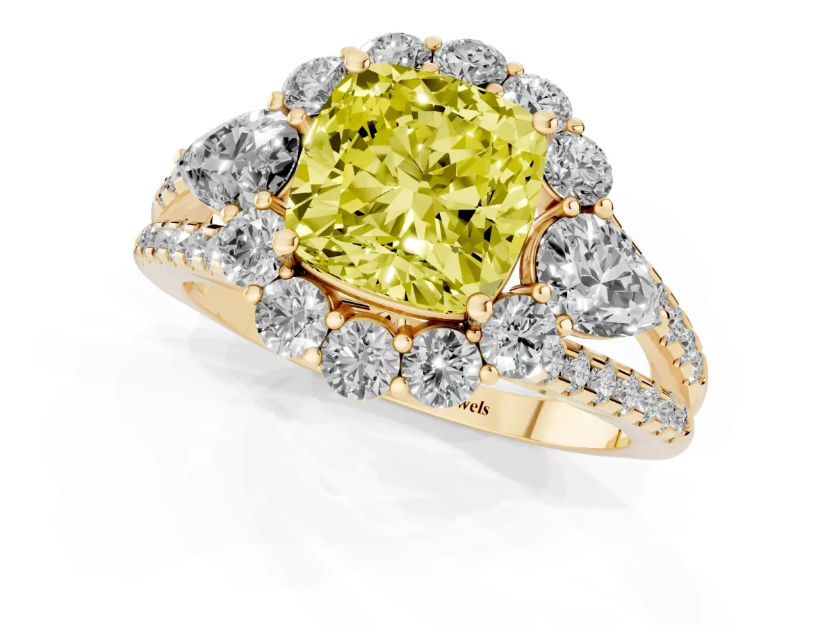 Fancy Yellow Cushion Cut Halo Split Shank Diamond Engagement Ring with Prong Setting Yellow gold