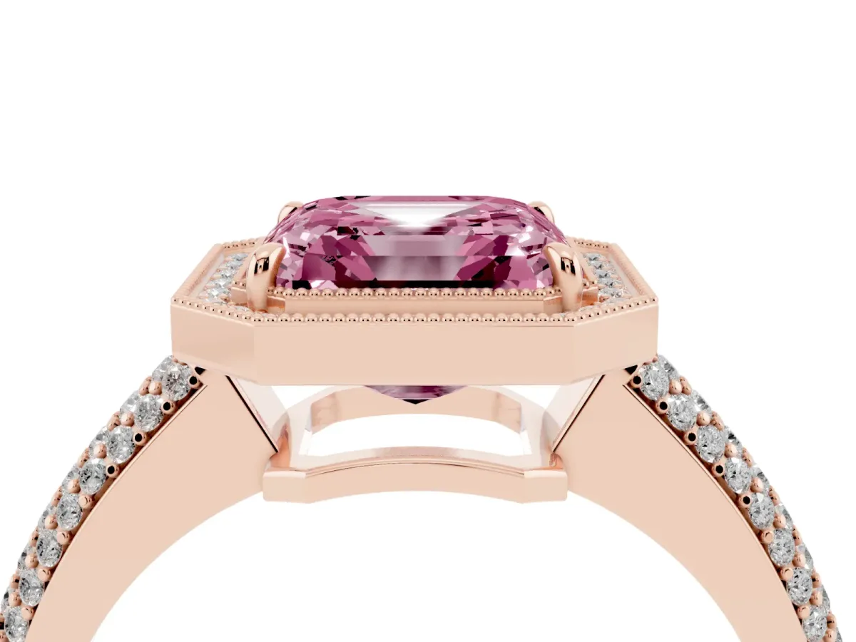 Fancy Pink Asscher Cut Cut Halo Diamond Pave Band with Four-Prong Setting Rose gold