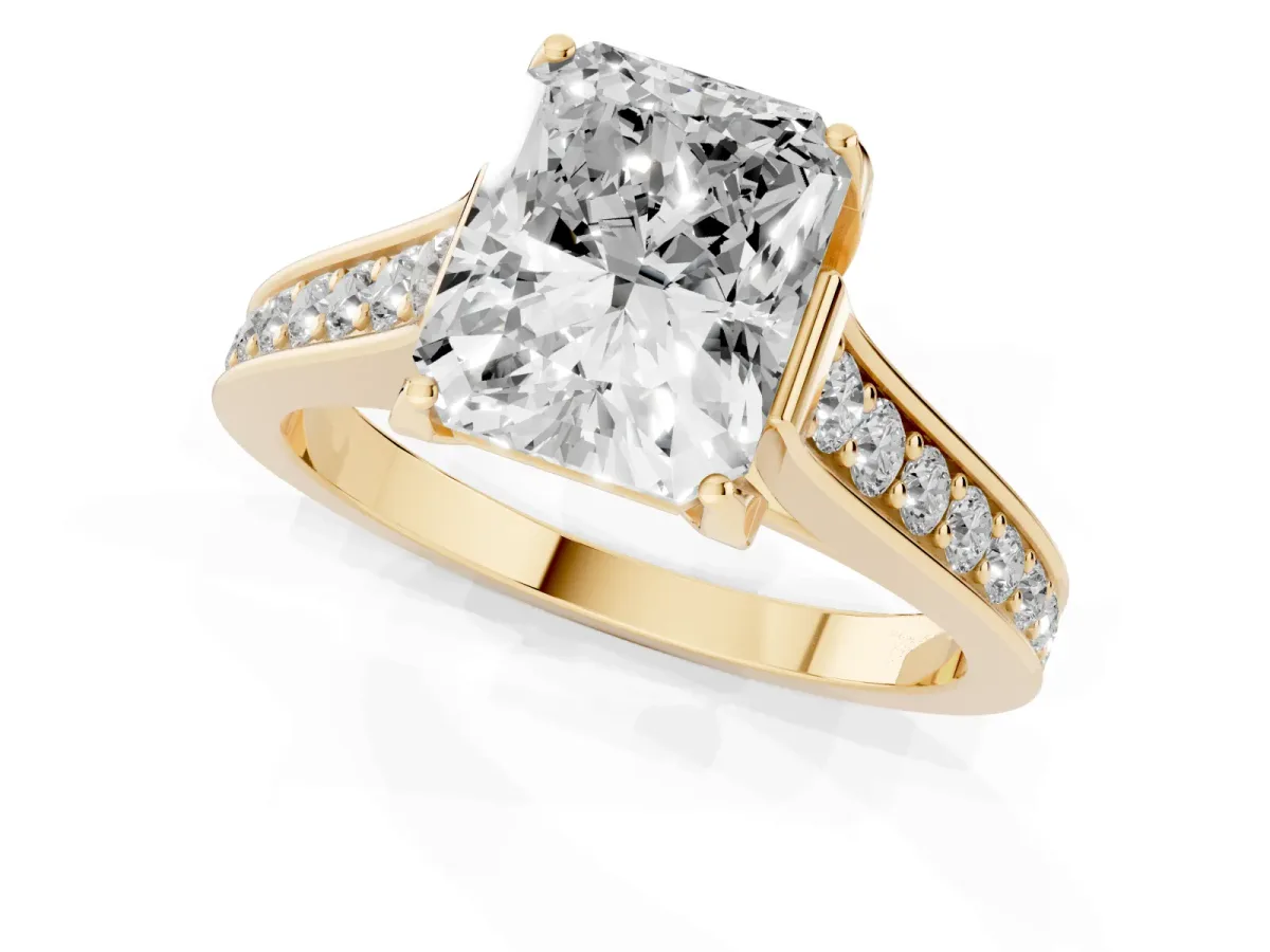 Radiant Cut Brilliant Cut Diamond Engagement Ring with Pavé Band and Four-Prong Setting Yellow gold