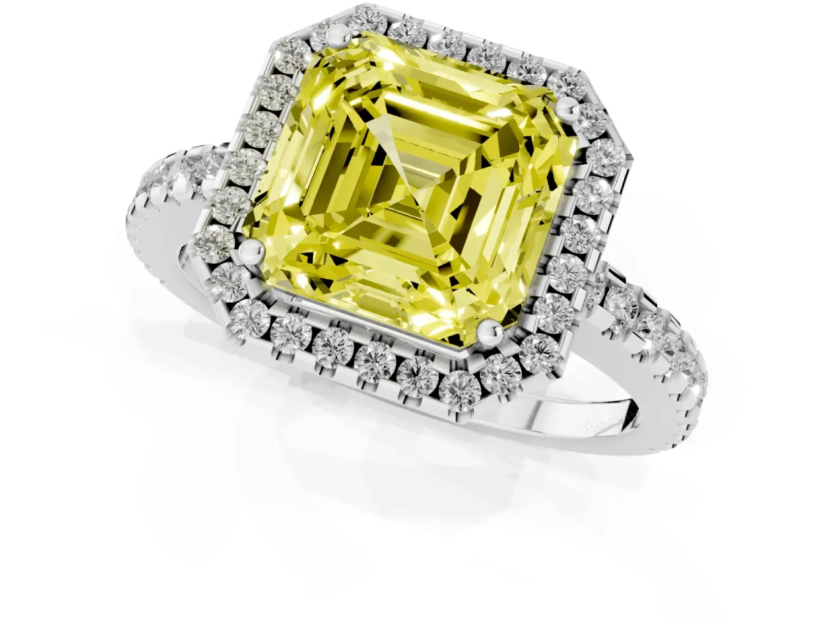 Fancy Yellow Asscher Cut Diamond Halo Engagement Ring with Pavé Band and Prong Setting White gold