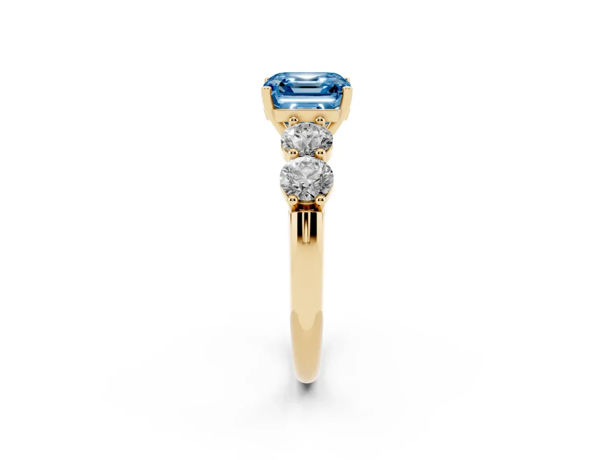 Fancy Blue Asscher Cut Cut Five-Stone Prong Set Diamond Ring with Classic Band Yellow gold