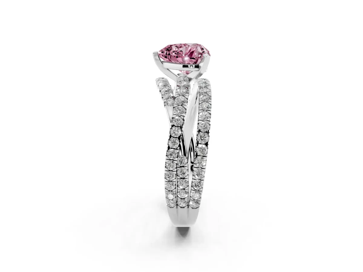Fancy Pink Heart Cut Solitaire Twist Band with Pavé Setting and Four-Prong Setting Silver