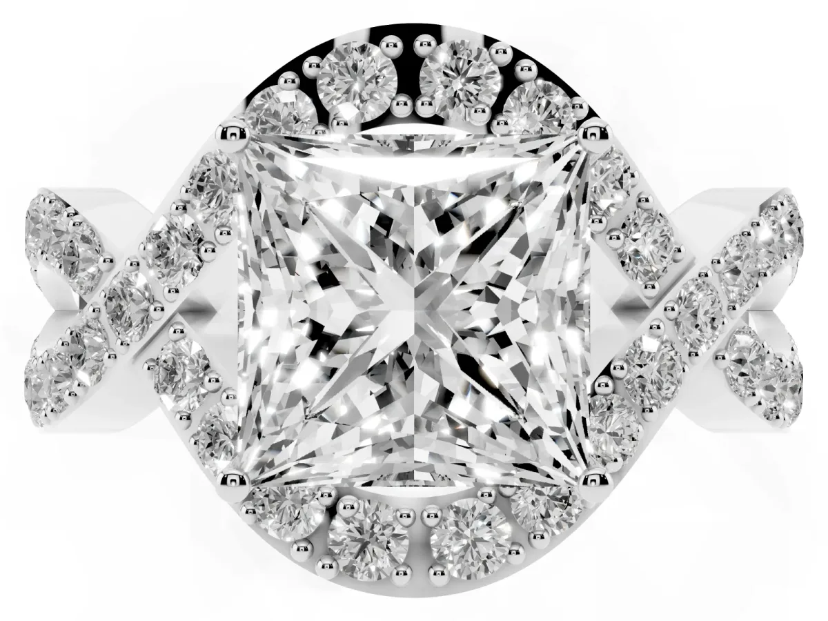 Princess Cut Solitaire Twist Band Pavé Diamond Engagement Ring Platinum