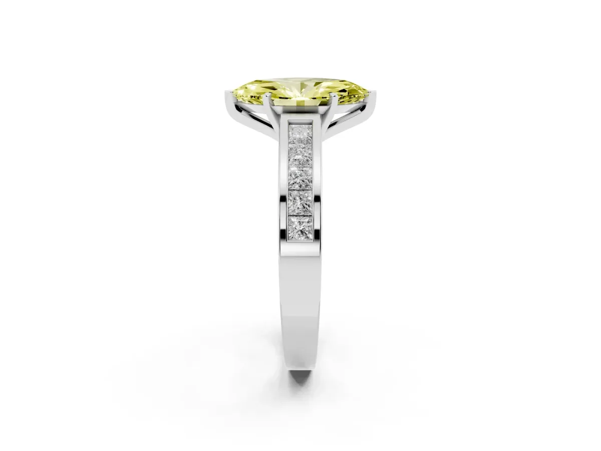 Fancy Yellow Marquise Cut Solitaire Diamond Ring with Channel-Set Band and Four-Prong Setting Silver