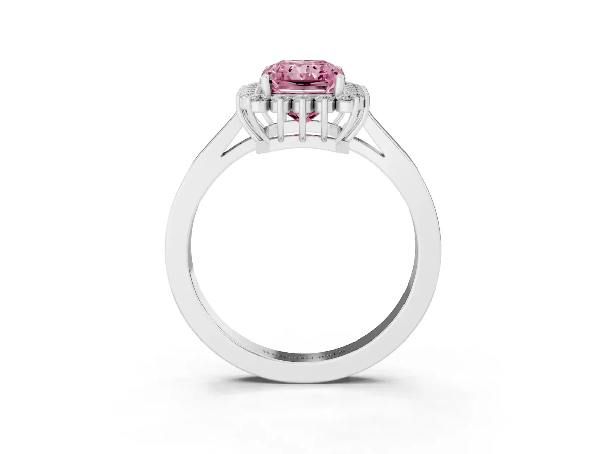 Fancy Pink Radiant Cut Cut Diamond Halo Ring with Round Brilliant Halo and Solitaire Band Platinum