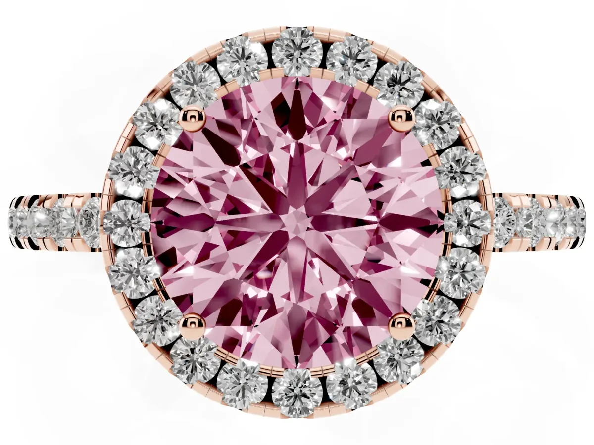 Fancy Pink Round Cut Halo Diamond Engagement Ring with Pavé Band and Four-Prong Setting Rose gold