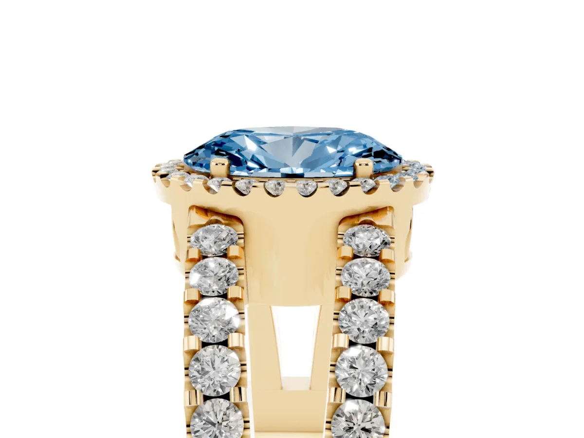 Fancy Blue Oval Cut Cut Halo Split Shank Diamond Ring with Four-Prong Setting Yellow gold