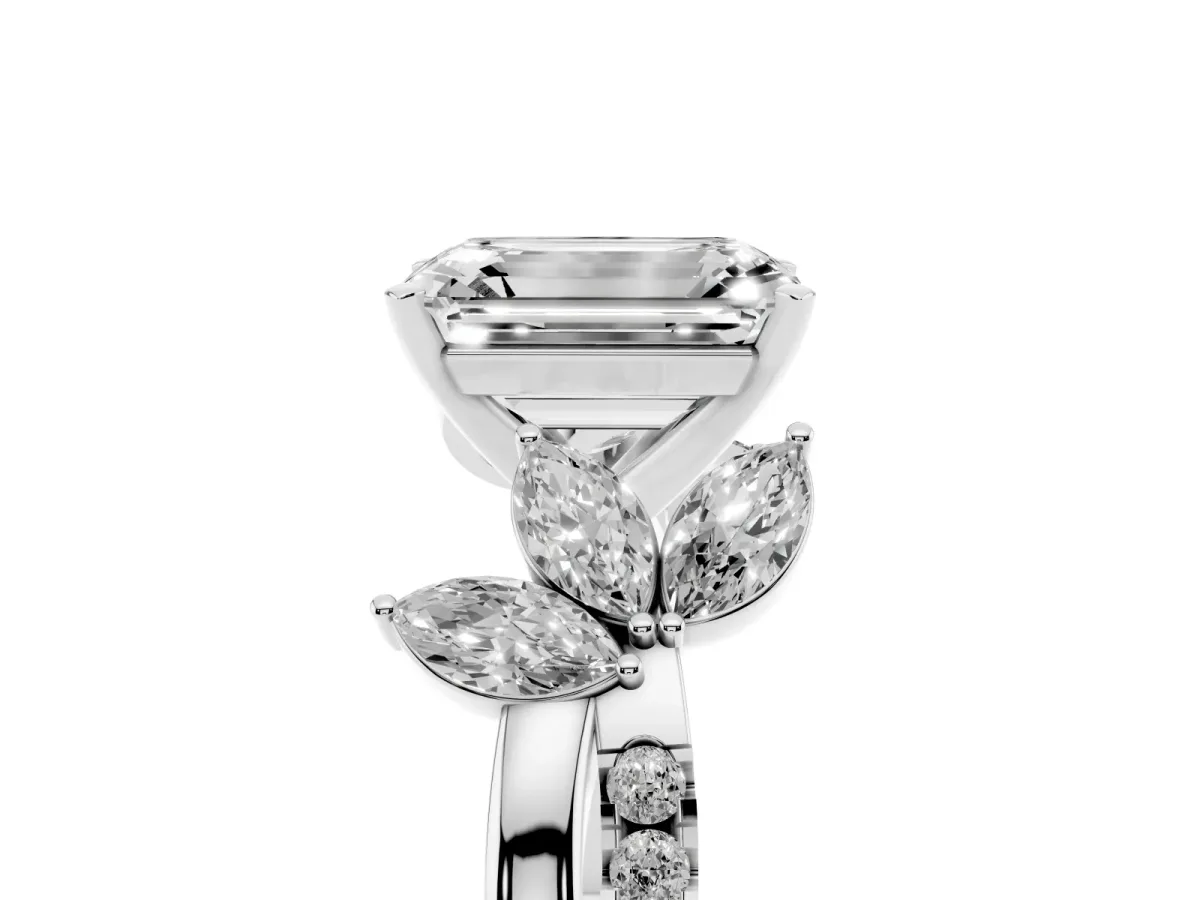 Emerald Cut Diamond Floral Vine Solitaire Engagement Ring Silver