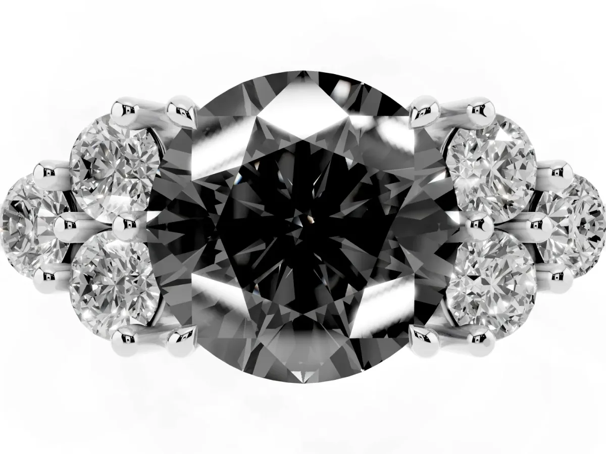 Fancy Black Round Cut Brilliant Diamond Cluster Accent Solitaire Ring with Prong Setting White gold