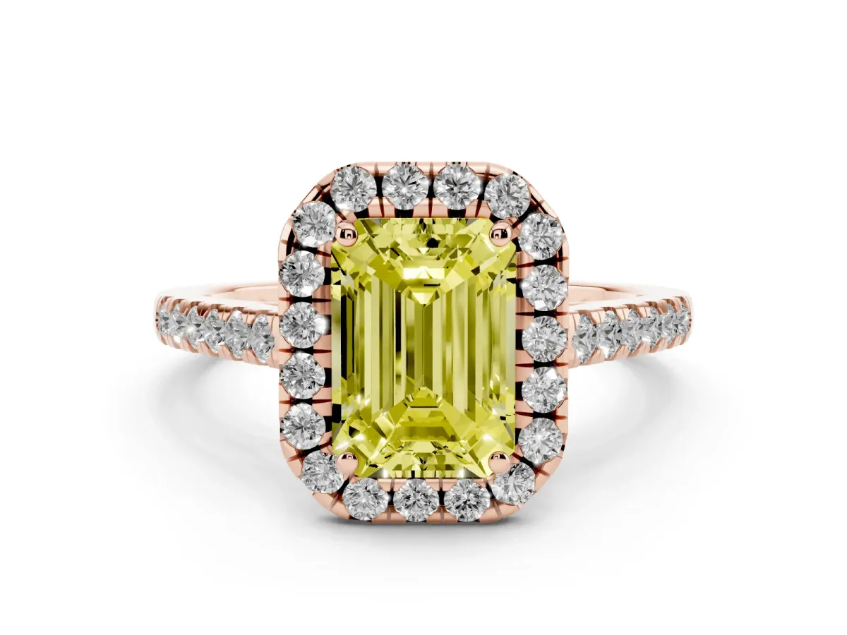 Fancy Yellow Emerald Cut Halo Pave Diamond Engagement Ring with Four-Prong Setting Rose gold
