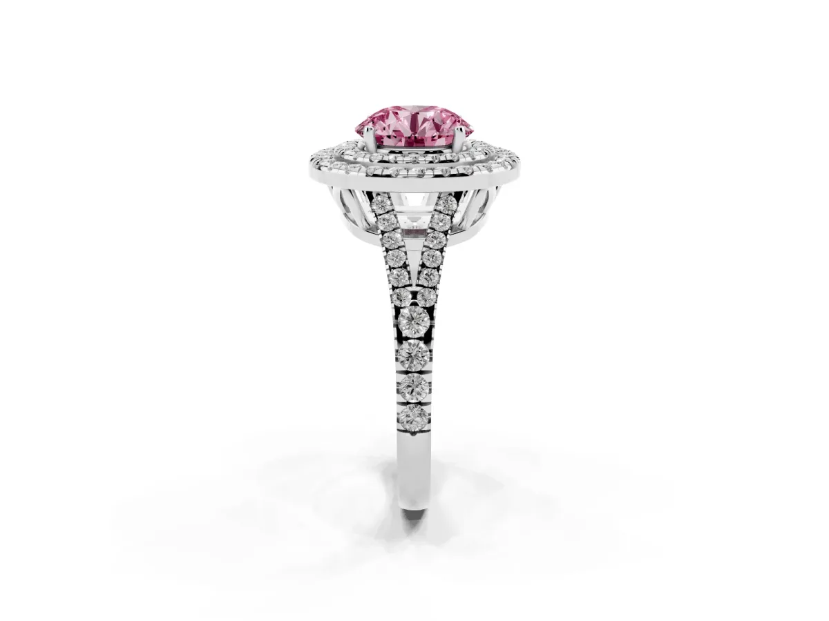 Fancy Pink Round Cut Diamond Double Halo Ring with Pavé Band and Prong Setting Platinum