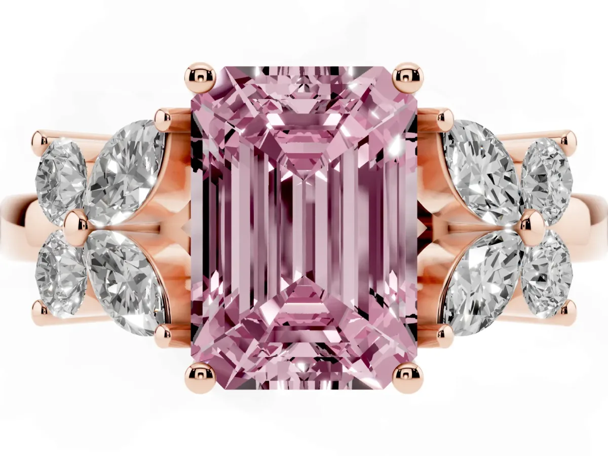 Fancy Pink Emerald Cut Diamond Floral Cluster Ring with Solitaire Band and Prong Setting Rose gold