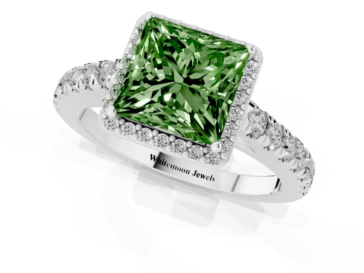 Fancy Green Princess Cut Cut Halo Diamond Engagement Ring with Pave Band and Four-Prong Setting Platinum