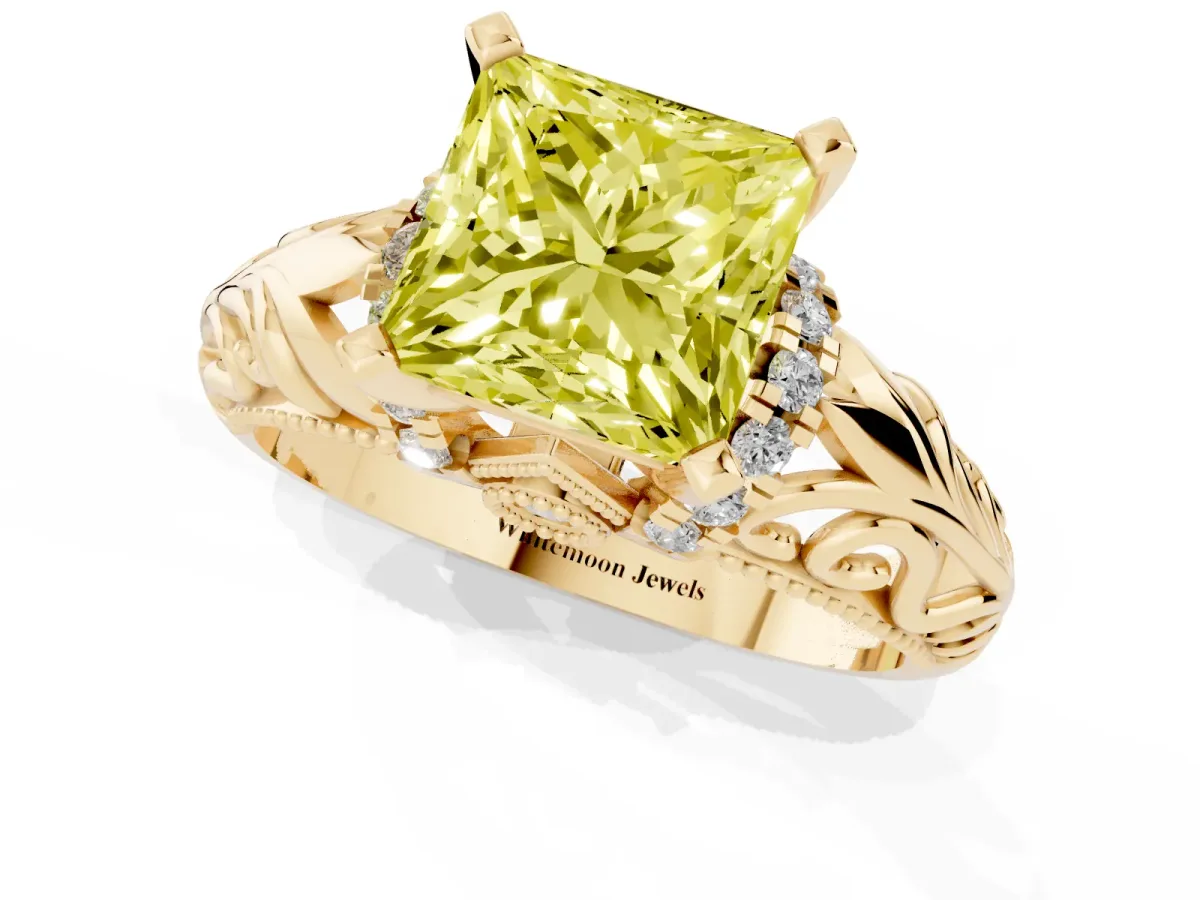 Fancy Yellow Princess Cut Solitaire Filigree Engagement Ring with Halo and Prong Setting Yellow gold