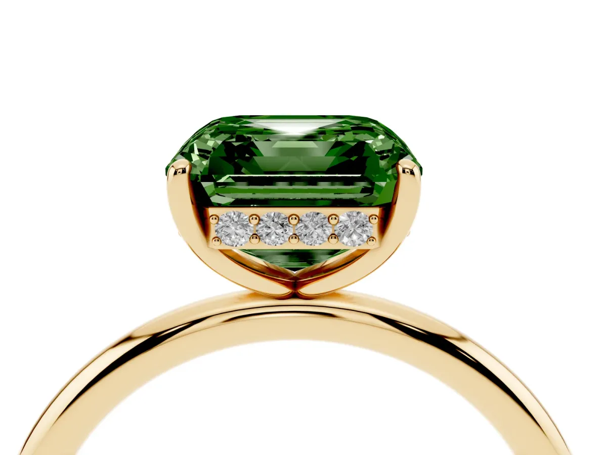 Fancy Green Asscher Cut Solitaire Diamond Ring with a Classic Band and Four-Prong Setting Yellow gold