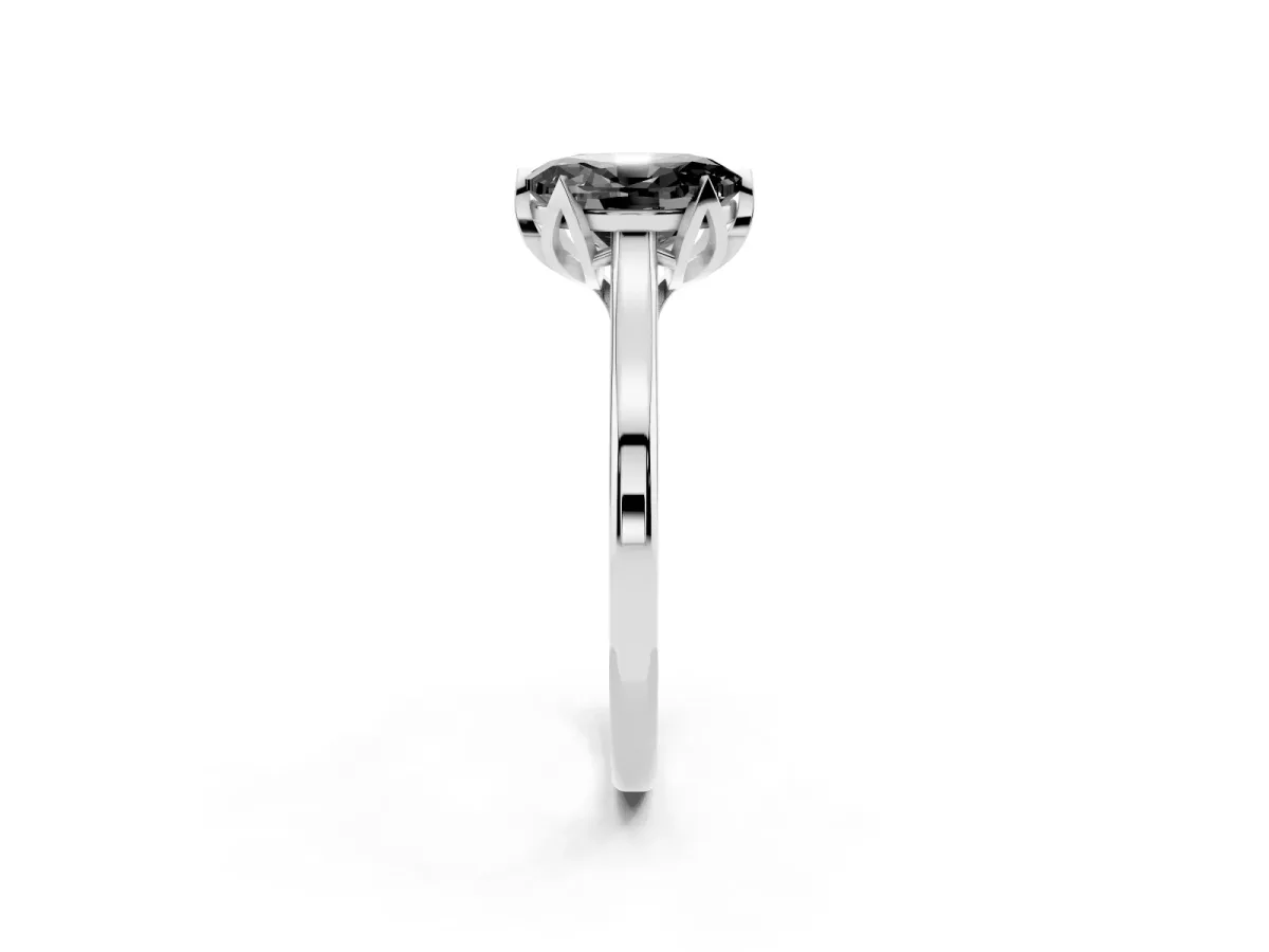 Fancy Black Oval Cut Diamond Solitaire Ring with Flower Prong Setting and Classic Band Silver