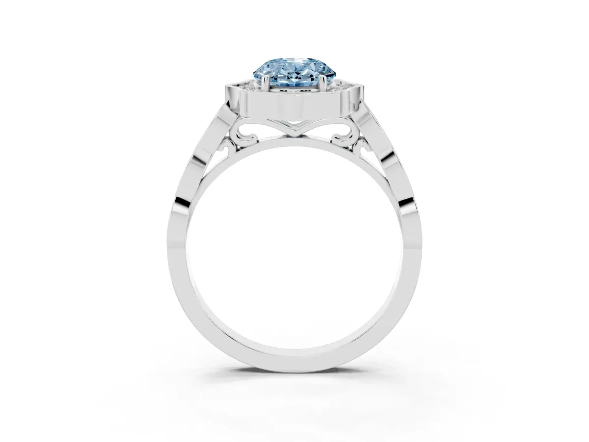 Fancy Blue Oval Cut Halo Diamond Engagement Ring with Milgrain Band and Four-Prong Setting White gold