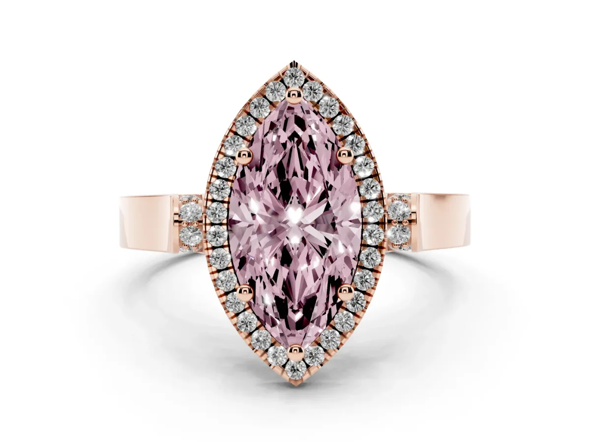 Fancy Pink Marquise Cut Halo Round Diamond Twist Band with Four-Prong Setting Rose gold